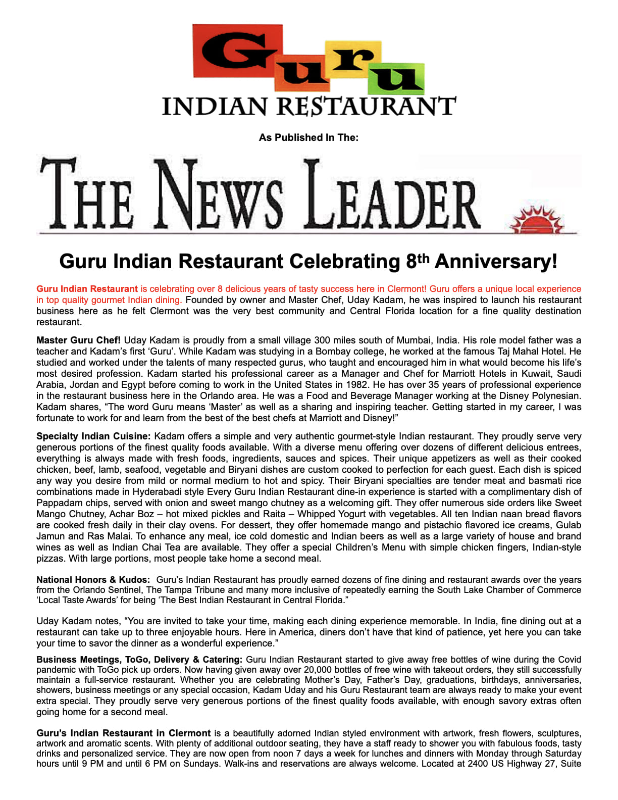 Guru Indian Restaurant Celebrating 8th Anniversary