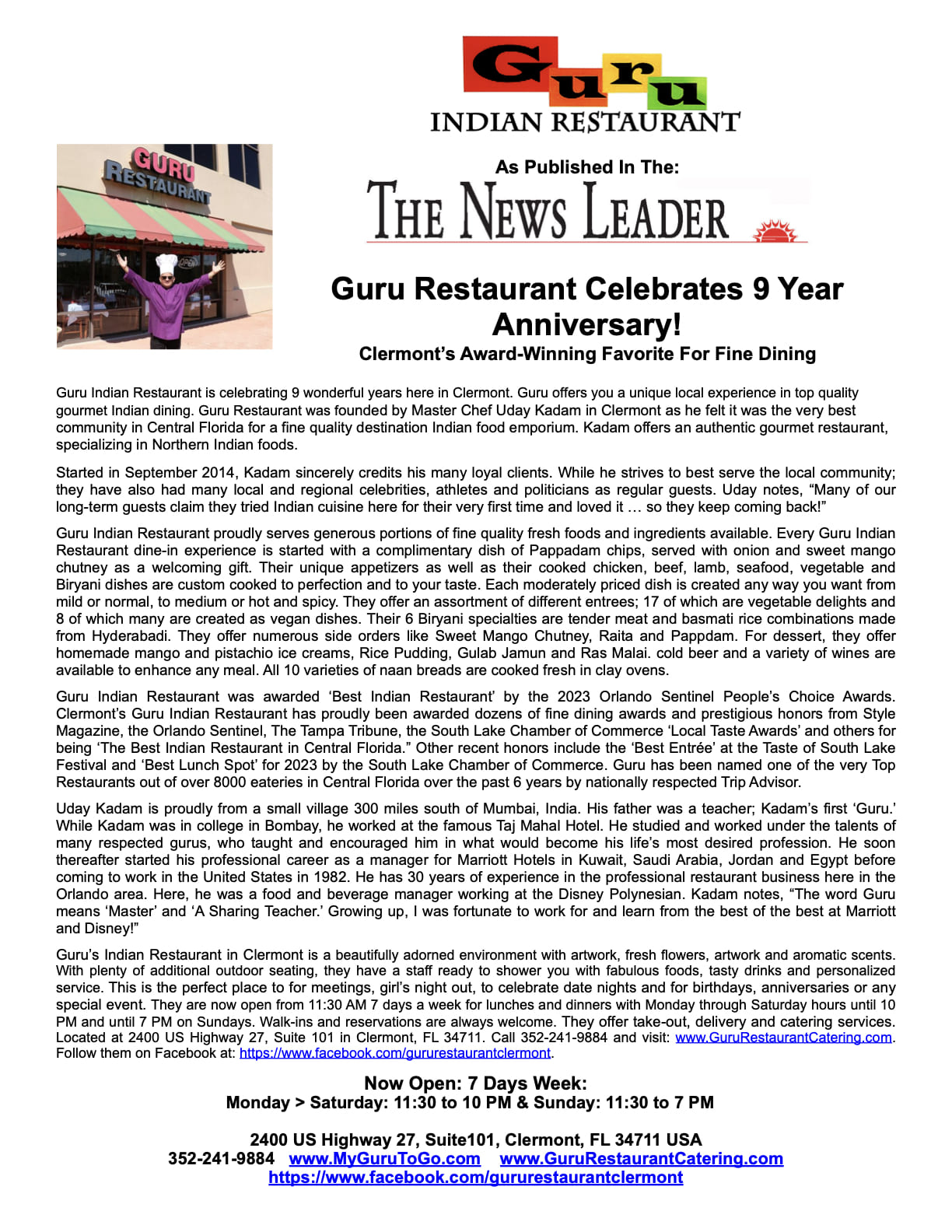 Guru Restaurant Celebrating 9 Years Indian Cuisine In Clermont