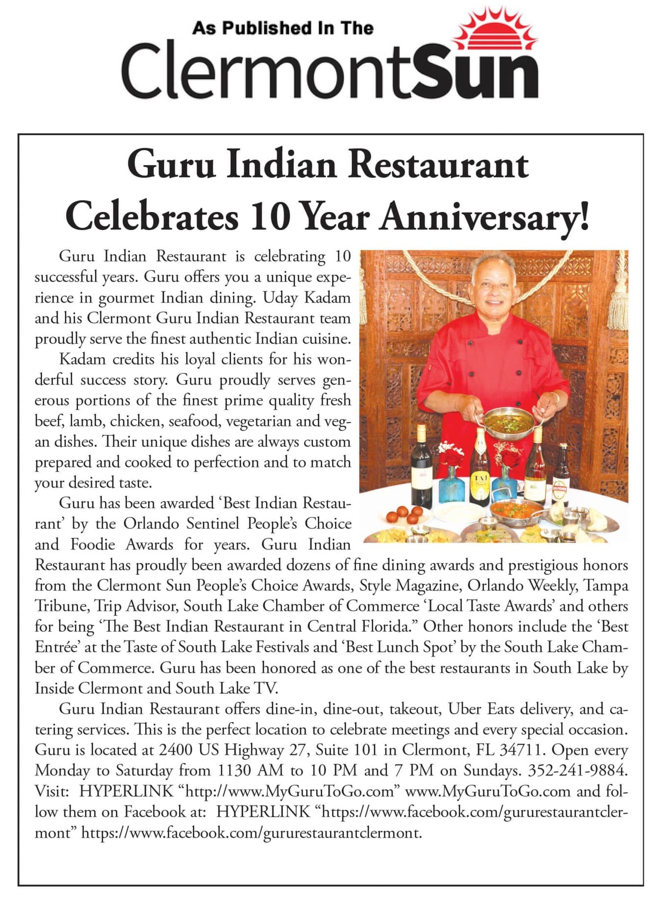 Guru Restaurant Celebrating 10th Anniversary Clermont Sun